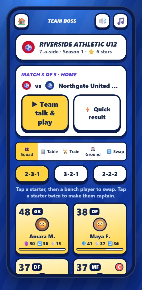 Team Boss: the under-12 squad as player cards with ratings, formations and match buttons