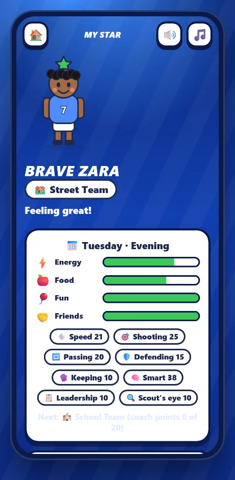 My Star: a cartoon footballer with energy, food, fun and friends bars and skill scores