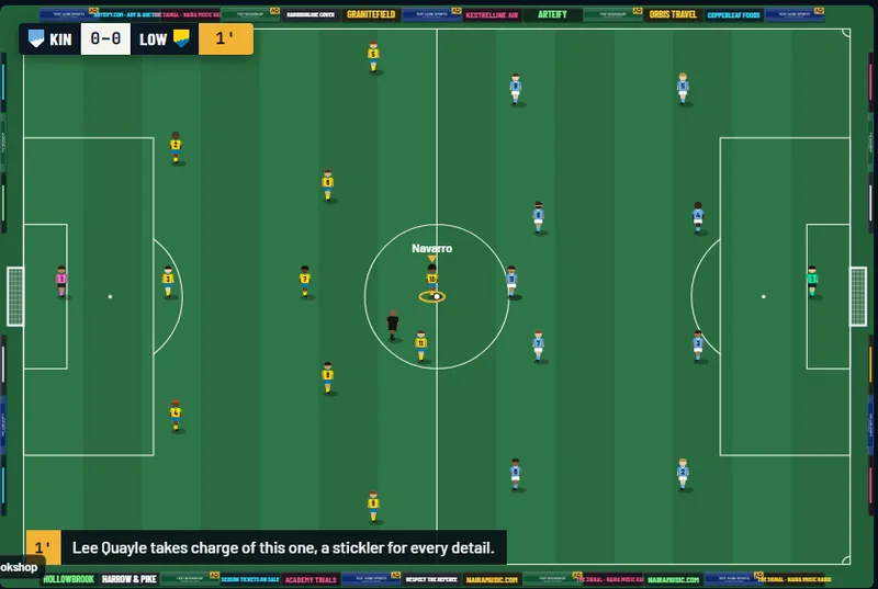 The 2D match view with TEST sponsor boards around the pitch and the sponsor strip in the corner