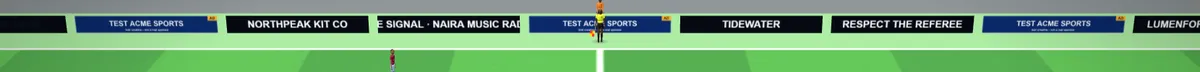 Pitch-side boards in the 3D view: TEST sponsor boards with a label among the game's fictional brands