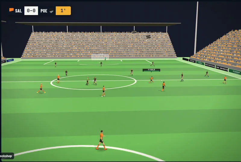 The 3D match view; shirt sponsor text is printed on the kits (small at this camera distance)