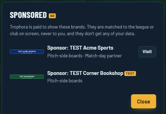 The Sponsored sheet in a match: Sponsor TEST Acme Sports with a Visit button, and a TEST bookshop