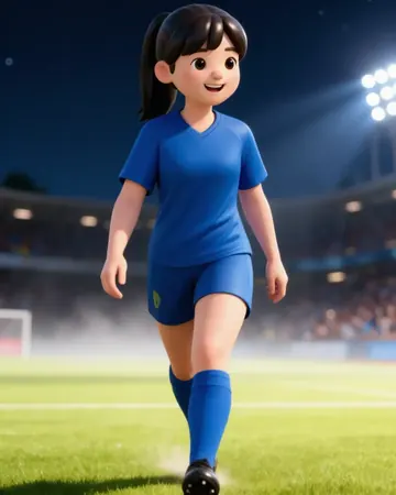 Illustration: the girl grown up, walking out onto a floodlit pitch