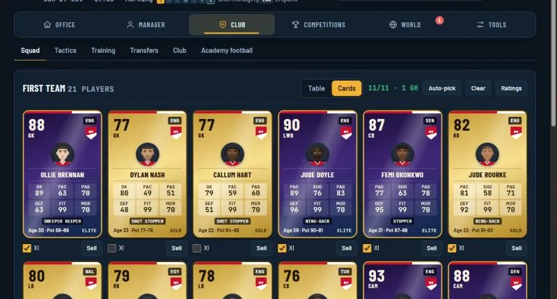 Trophora squad screen showing the first team as player cards, each with a face, position and ratings
